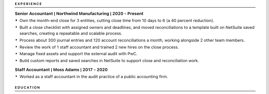 The experience section of a tailored resume from HiringReach, test account: Senior Accountant at Northwind Manufacturing, with bullets on the month-end close, a close checklist, journal entries and reconciliations, staff review and training, fixed assets, and NetSuite reports.