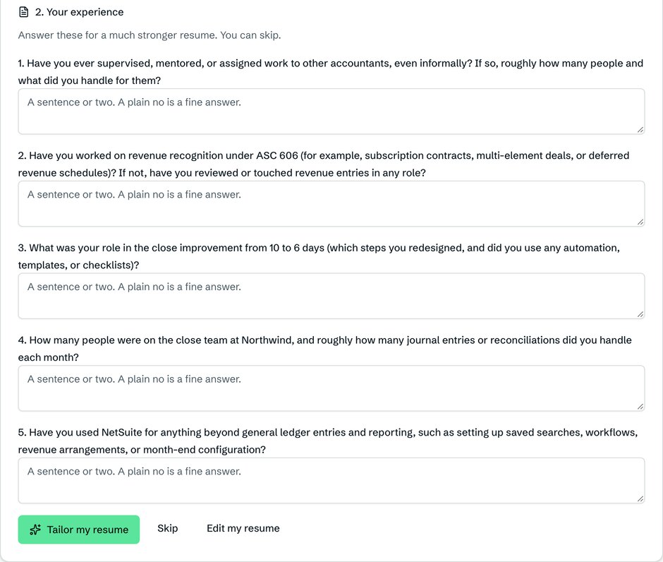 The questions screen in the HiringReach app: five numbered questions about mentoring, revenue recognition, the close, the close team and NetSuite, each with an answer box.